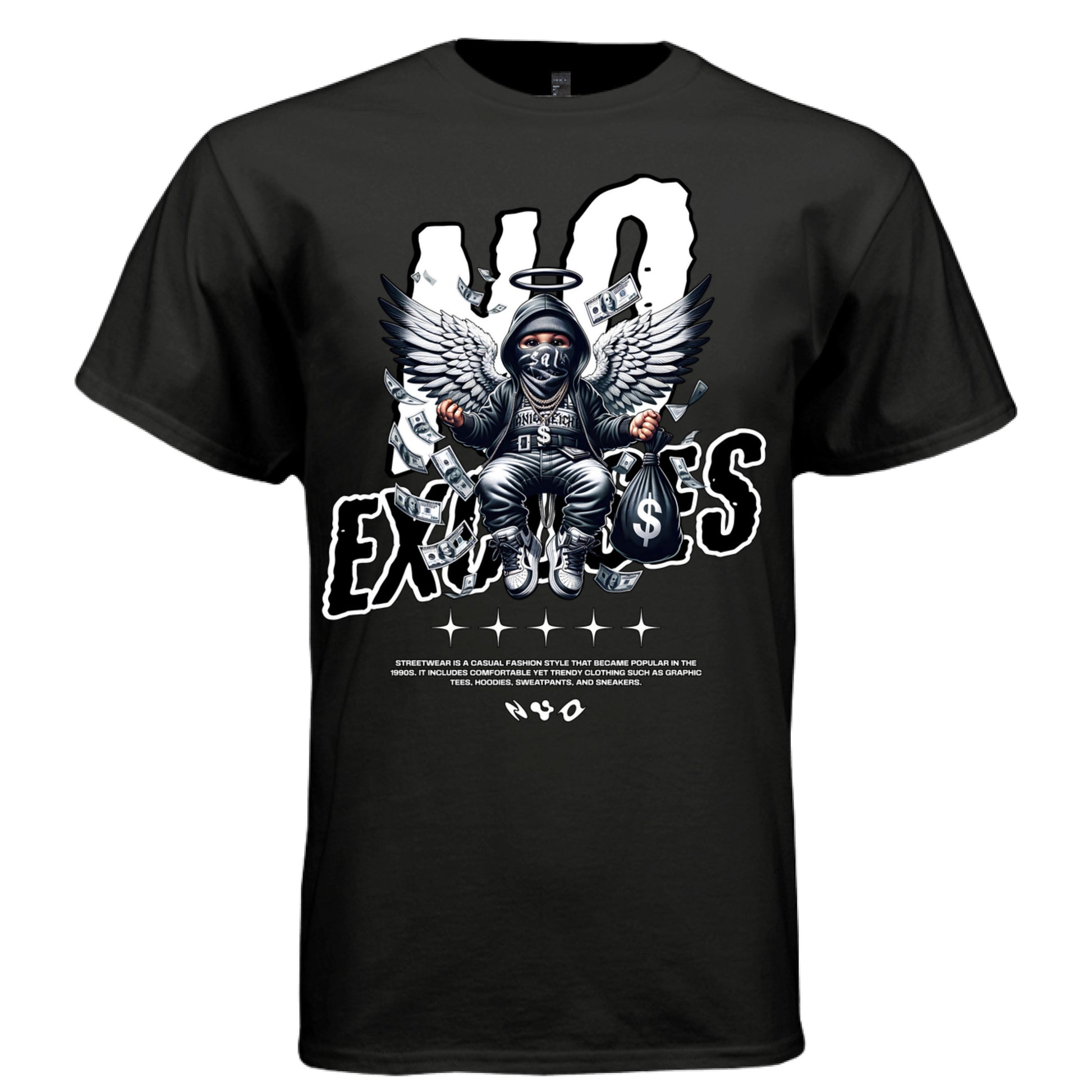 NO EXCUSES Project Hood worn side view — oversized streetwear silhouette cherub hustle graphic angel wings tee on model