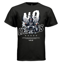 NO EXCUSES Project Hood worn side view — oversized streetwear silhouette cherub hustle graphic angel wings tee on model