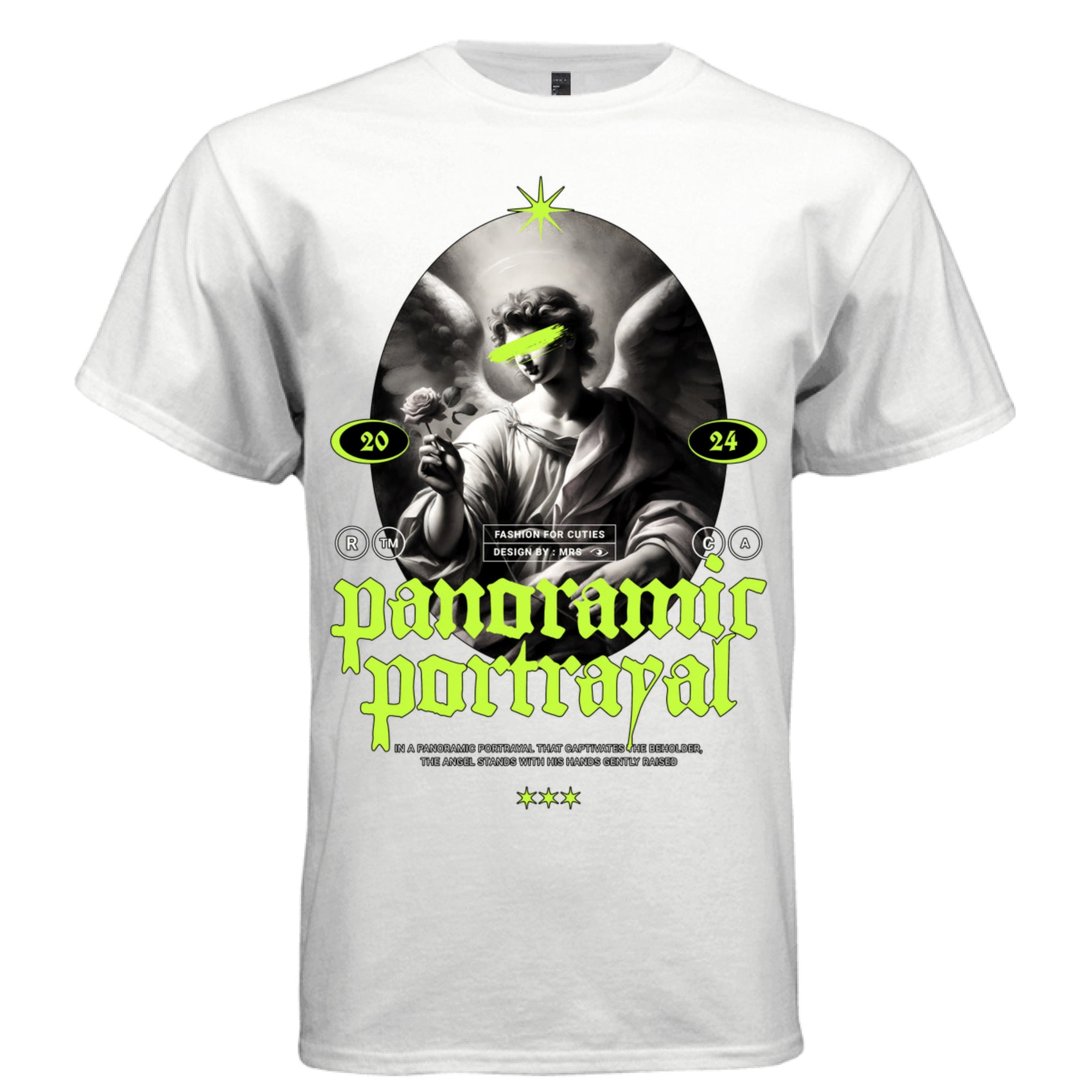 PANORAMIC PORTRAYAL Project Hood typography close-up — neon green panoramic portrayal gothic blackletter script star crown badge detail