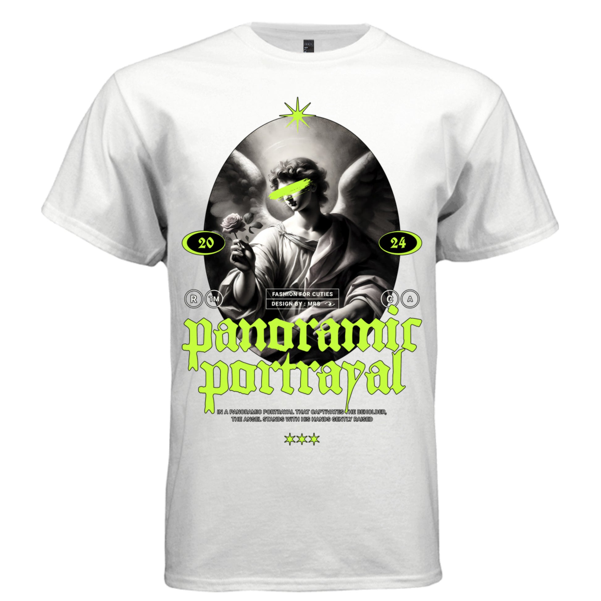PANORAMIC PORTRAYAL Project Hood typography close-up — neon green panoramic portrayal gothic blackletter script star crown badge detail