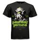 PANORAMIC PORTRAYAL Project Hood worn side view — oversized streetwear silhouette neon gothic angel portrait tee on model