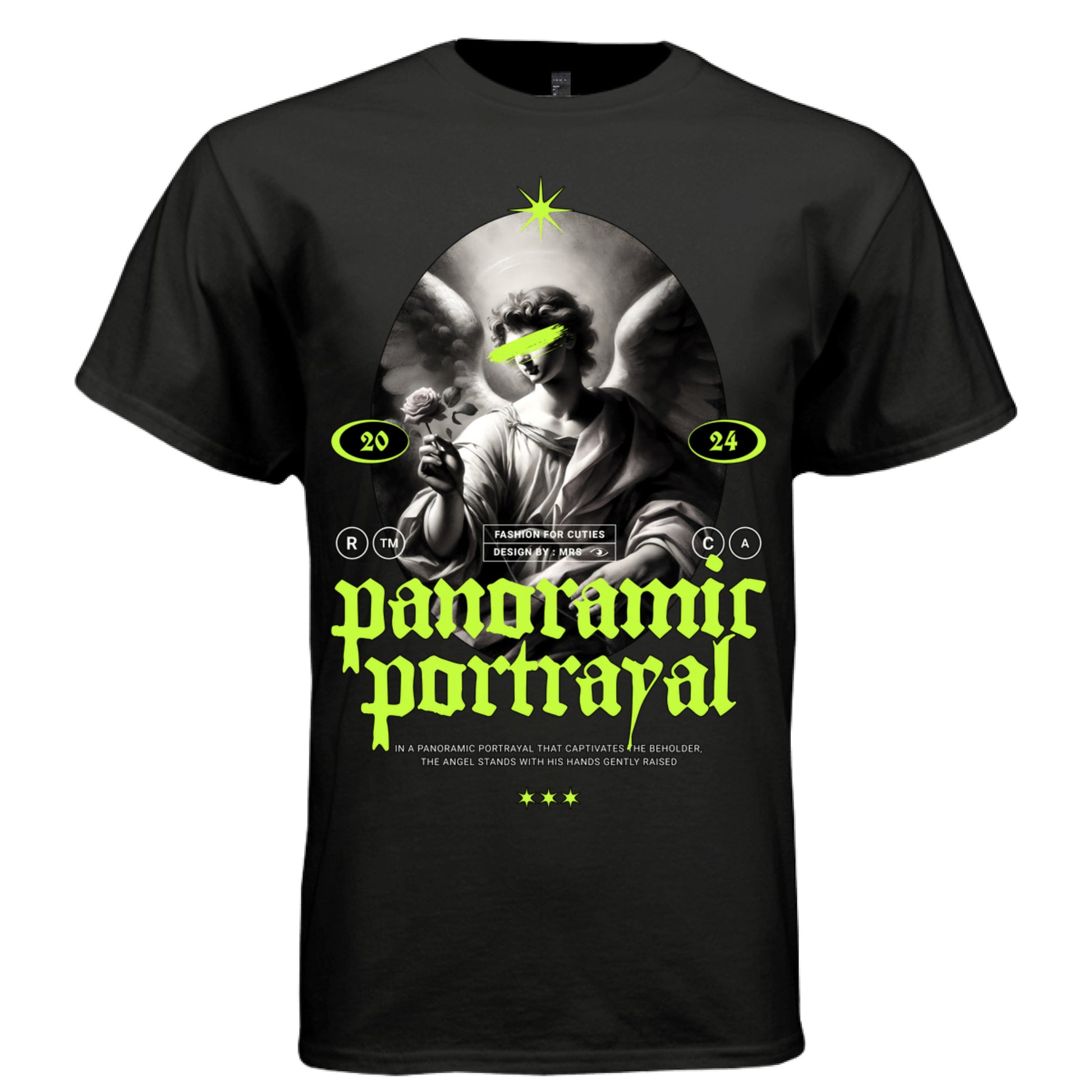 PANORAMIC PORTRAYAL Project Hood worn side view — oversized streetwear silhouette neon gothic angel portrait tee on model