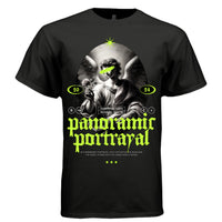 PANORAMIC PORTRAYAL Project Hood worn side view — oversized streetwear silhouette neon gothic angel portrait tee on model