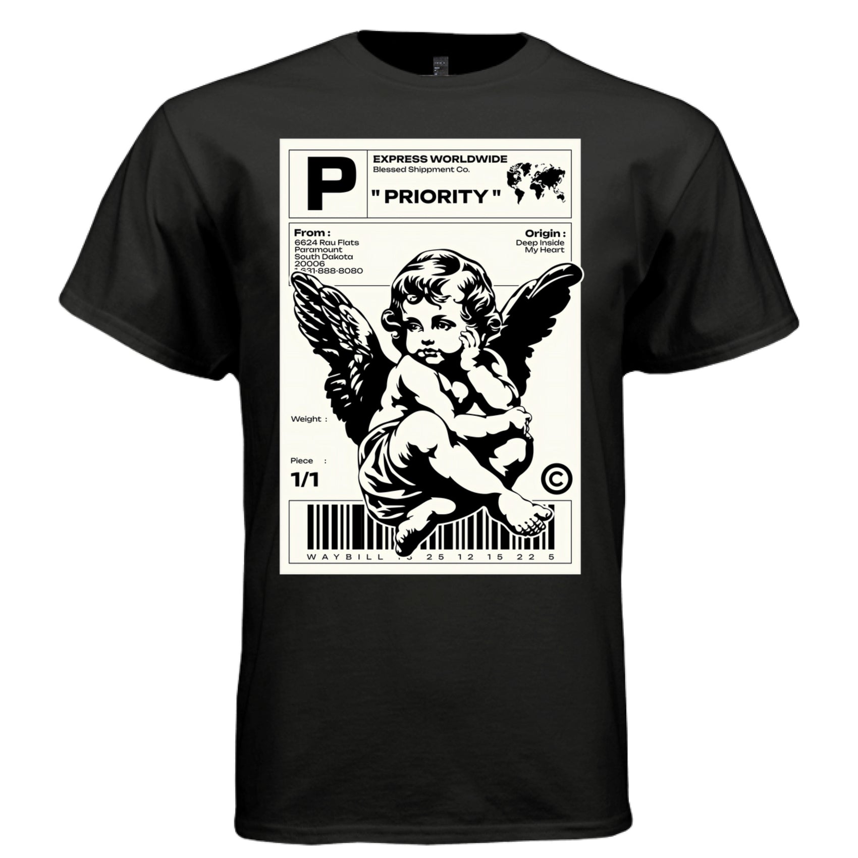 PRIORITY Project Hood worn side view — oversized streetwear silhouette waybill angel document graphic tee on model