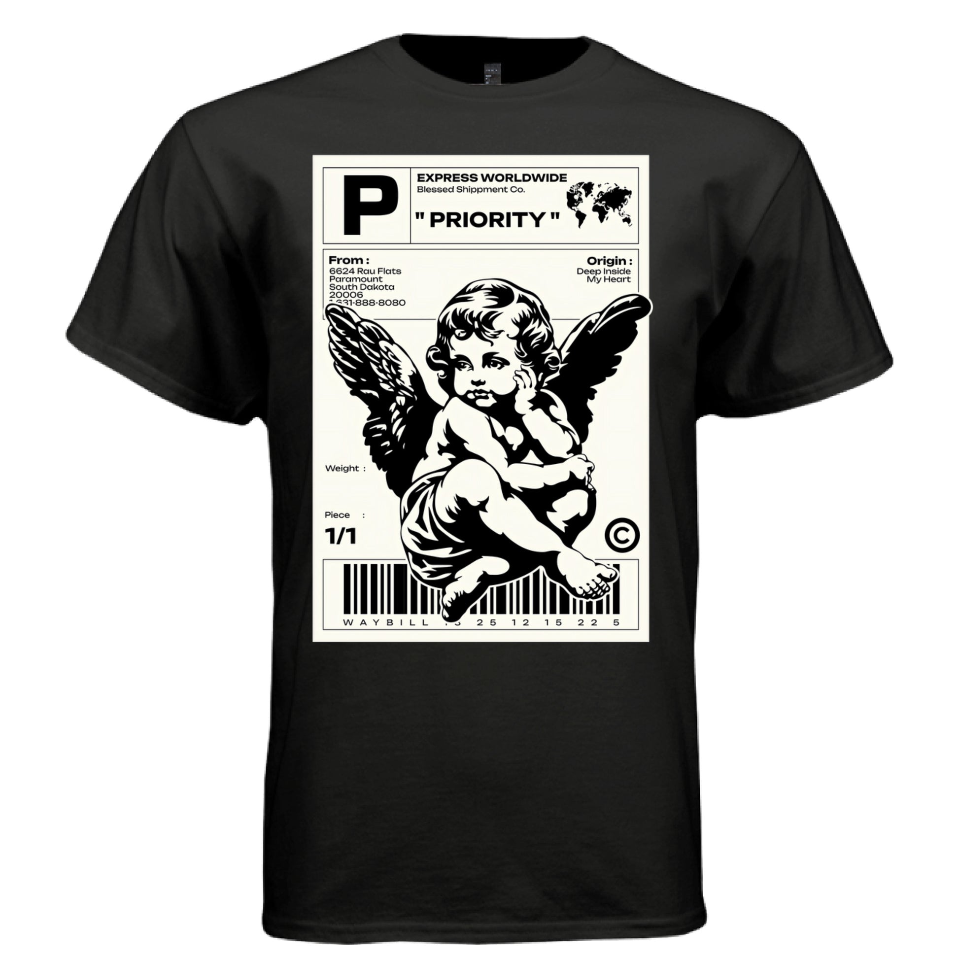 PRIORITY Project Hood worn side view — oversized streetwear silhouette waybill angel document graphic tee on model