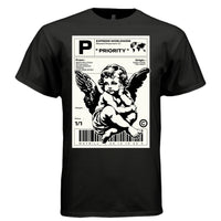 PRIORITY Project Hood worn side view — oversized streetwear silhouette waybill angel document graphic tee on model