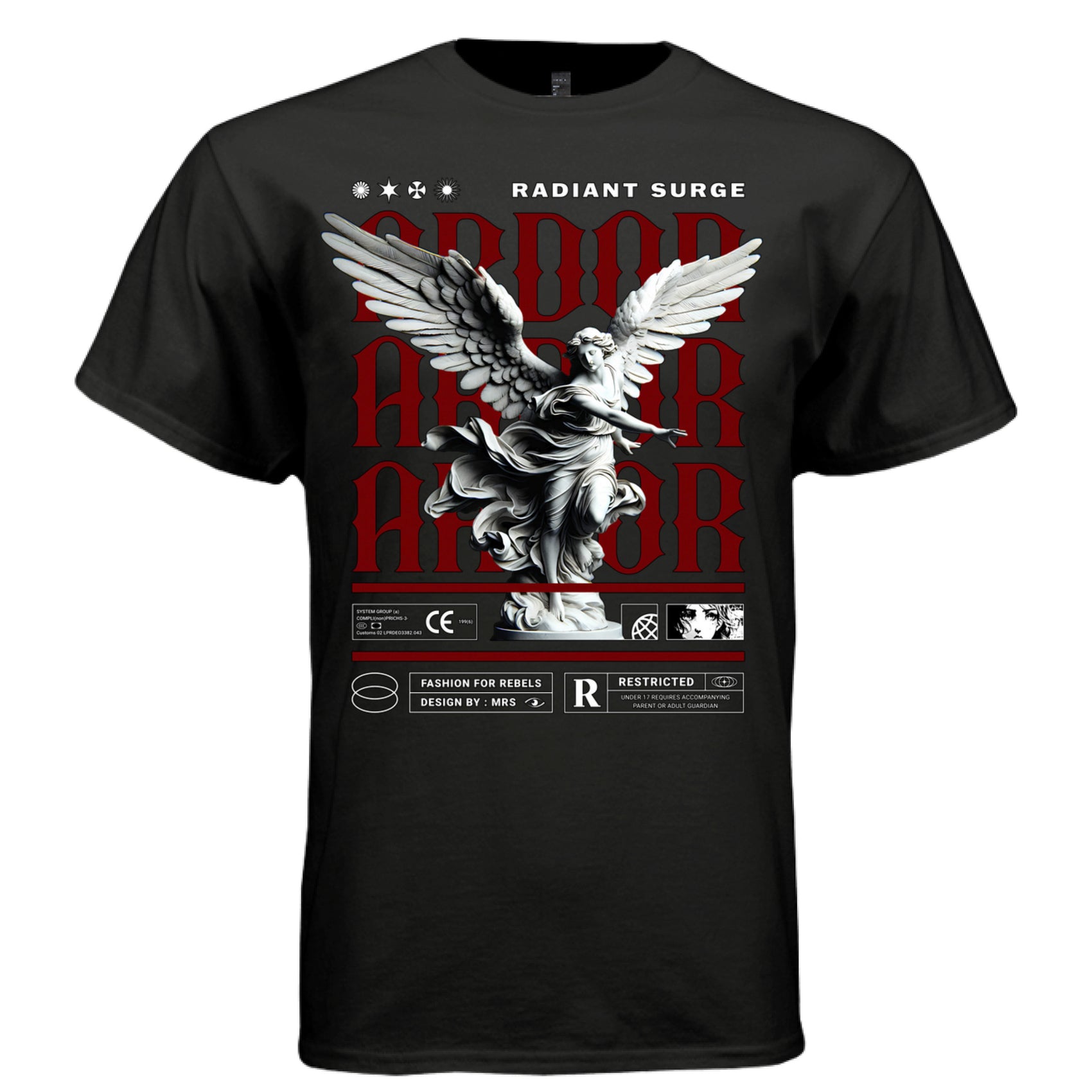 ARDOR Project Hood worn side view — oversized streetwear silhouette red crimson ARDOR marble angel graphic tee on model