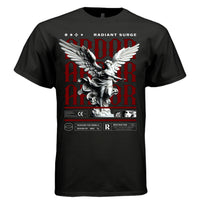 ARDOR Project Hood worn side view — oversized streetwear silhouette red crimson ARDOR marble angel graphic tee on model