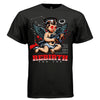 REBIRTH FOR YOU Project Hood worn side view — oversized streetwear silhouette dark cherub rebirth graphic red bold tee on model