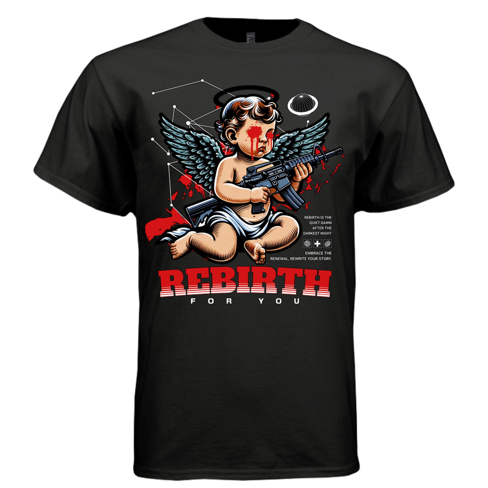 REBIRTH FOR YOU Project Hood worn side view — oversized streetwear silhouette dark cherub rebirth graphic red bold tee on model