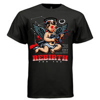 REBIRTH FOR YOU Project Hood worn side view — oversized streetwear silhouette dark cherub rebirth graphic red bold tee on model