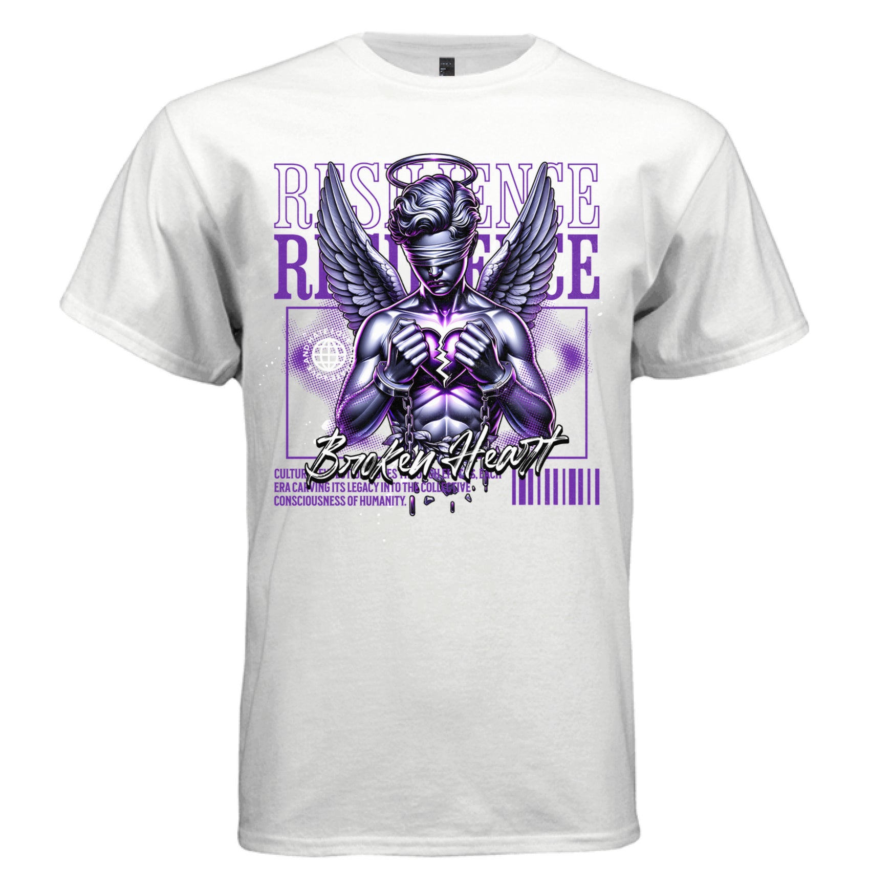 RESILIENCE Broken Heart Project Hood typography close-up — purple outlined RESILIENCE block letters doubled ghosted Broken Heart white cursive script