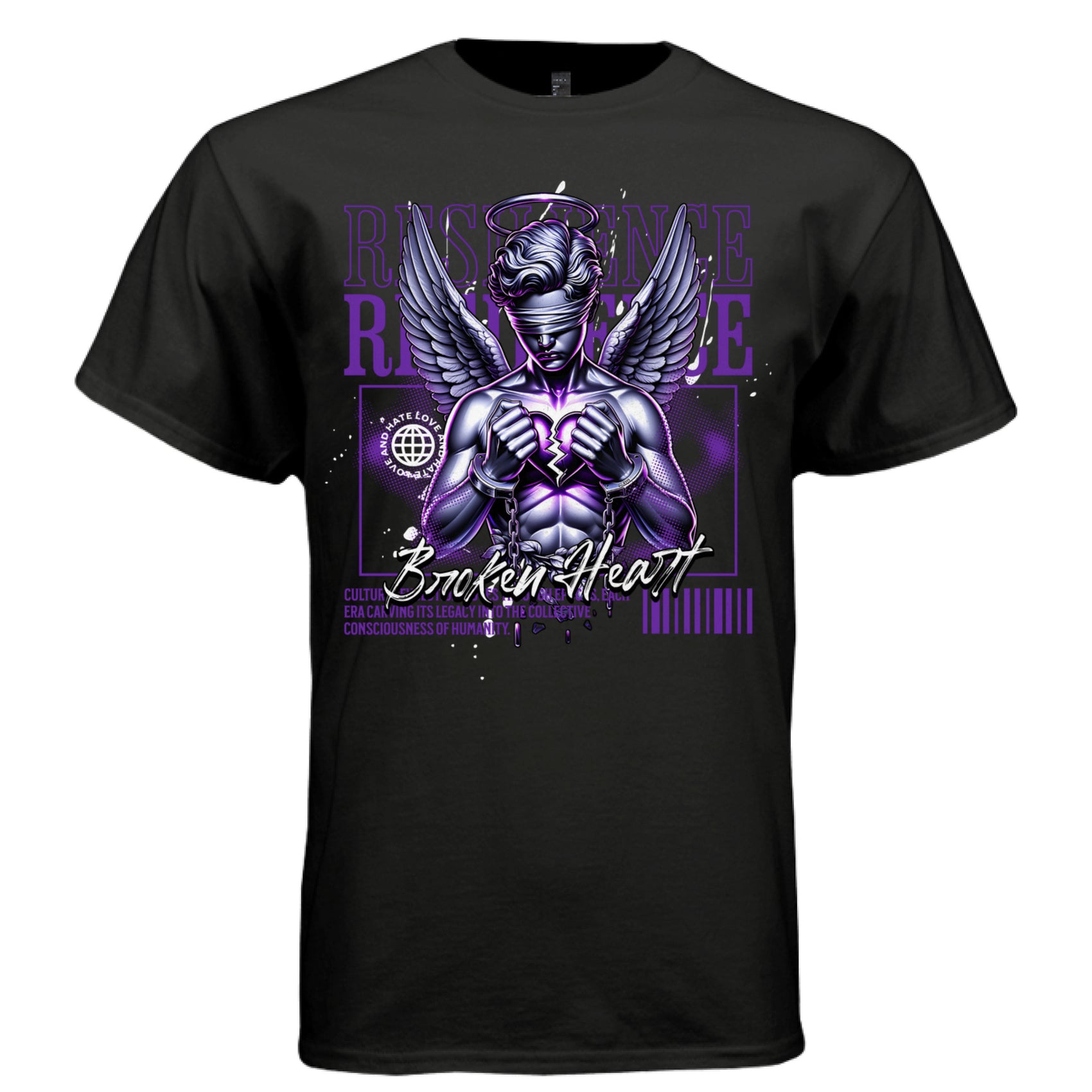RESILIENCE Broken Heart Project Hood worn side view — oversized streetwear silhouette purple chrome angel broken heart graphic tee on model