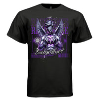 RESILIENCE Broken Heart Project Hood worn side view — oversized streetwear silhouette purple chrome angel broken heart graphic tee on model