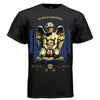 RETRIBUTION Etymology Project Hood worn side view — oversized streetwear silhouette blue gold marble justice angel etymology graphic tee on model