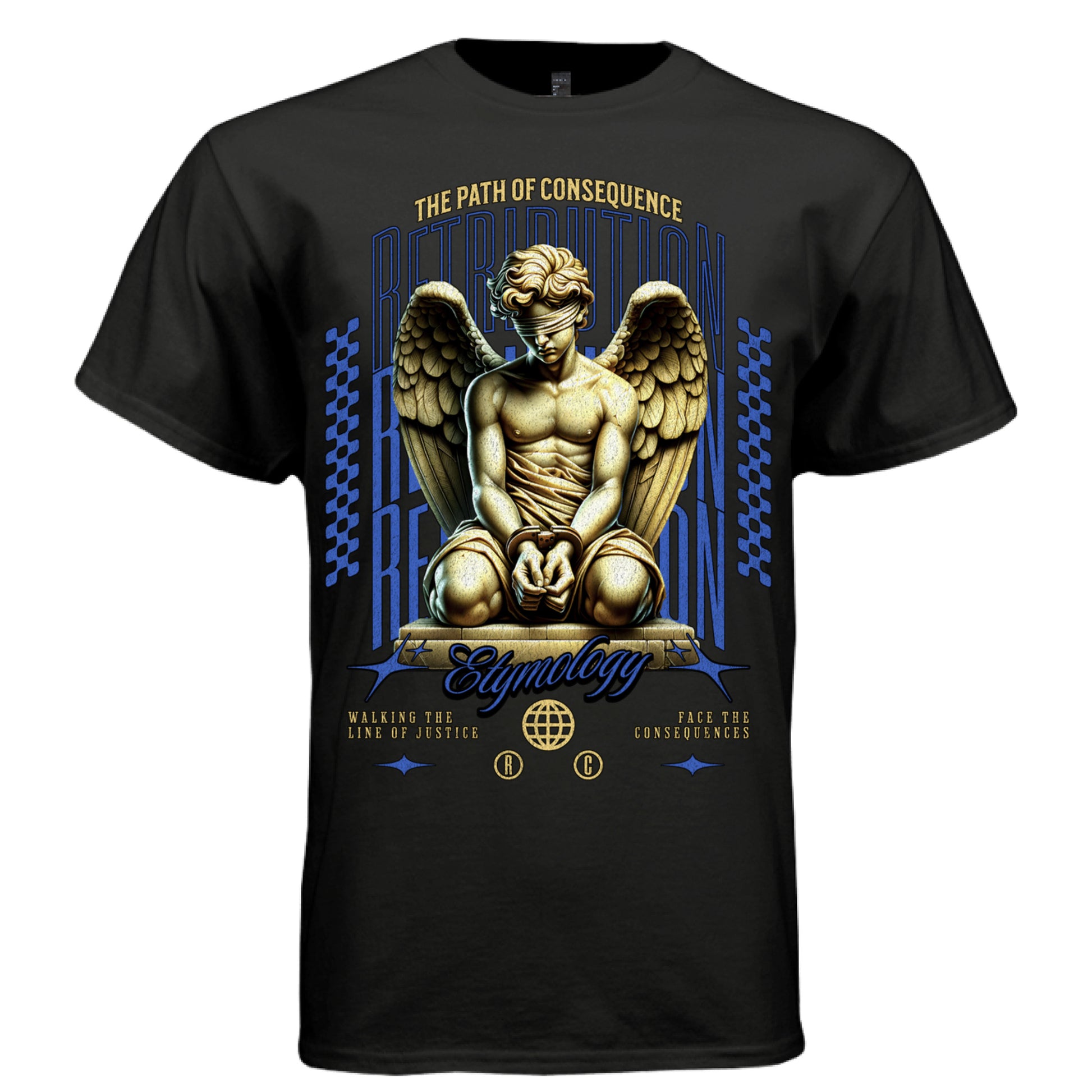 RETRIBUTION Etymology Project Hood worn side view — oversized streetwear silhouette blue gold marble justice angel etymology graphic tee on model