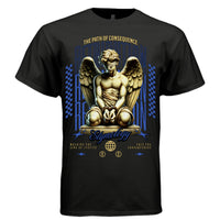 RETRIBUTION Etymology Project Hood worn side view — oversized streetwear silhouette blue gold marble justice angel etymology graphic tee on model