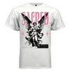 SACRED SERAPH Project Hood typography close-up — bold pink SACRED header SE RAPH gray flanking text pink four-pointed stars detail