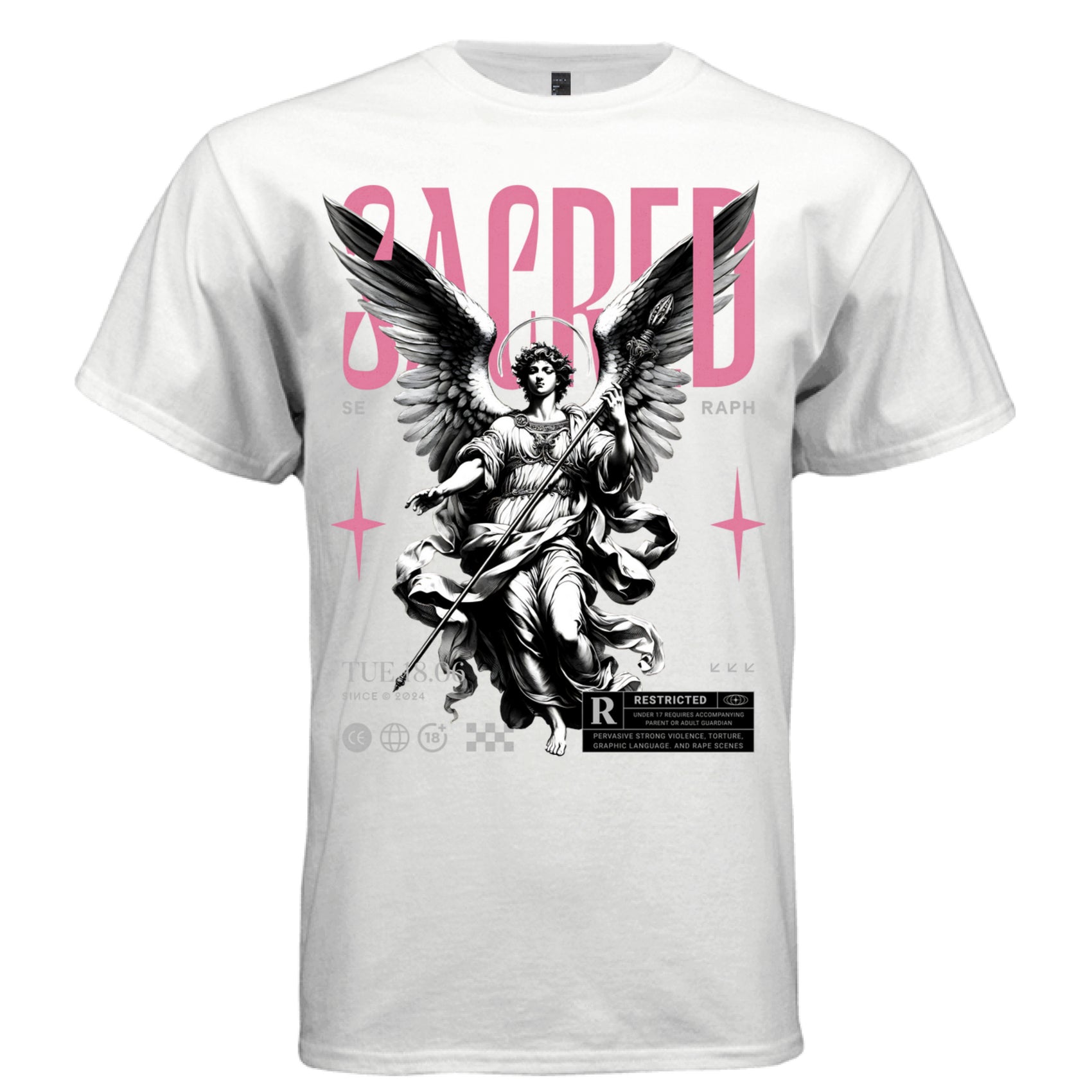 SACRED SERAPH Project Hood typography close-up — bold pink SACRED header SE RAPH gray flanking text pink four-pointed stars detail