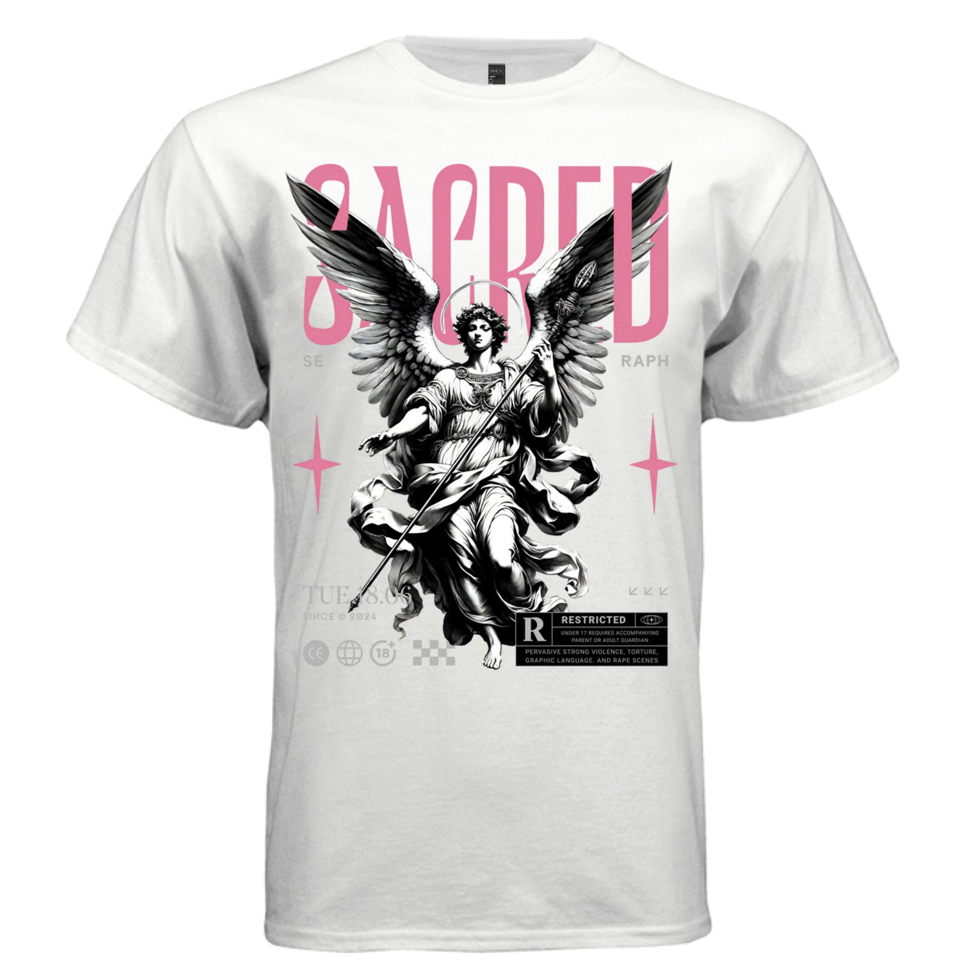 SACRED SERAPH Project Hood typography close-up — bold pink SACRED header SE RAPH gray flanking text pink four-pointed stars detail