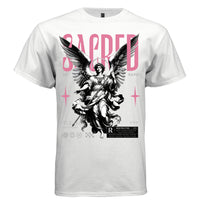SACRED SERAPH Project Hood typography close-up — bold pink SACRED header SE RAPH gray flanking text pink four-pointed stars detail