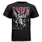 SACRED SERAPH Project Hood worn side view — oversized streetwear silhouette pink SACRED seraph guardian angel graphic tee on model