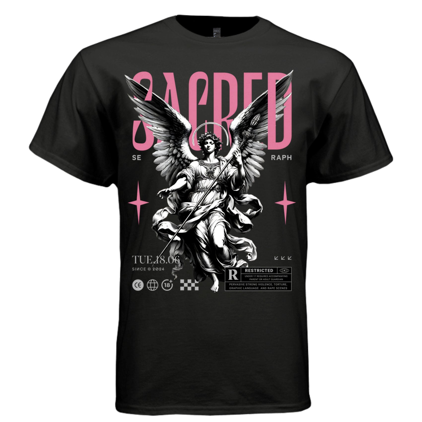 SACRED SERAPH Project Hood worn side view — oversized streetwear silhouette pink SACRED seraph guardian angel graphic tee on model