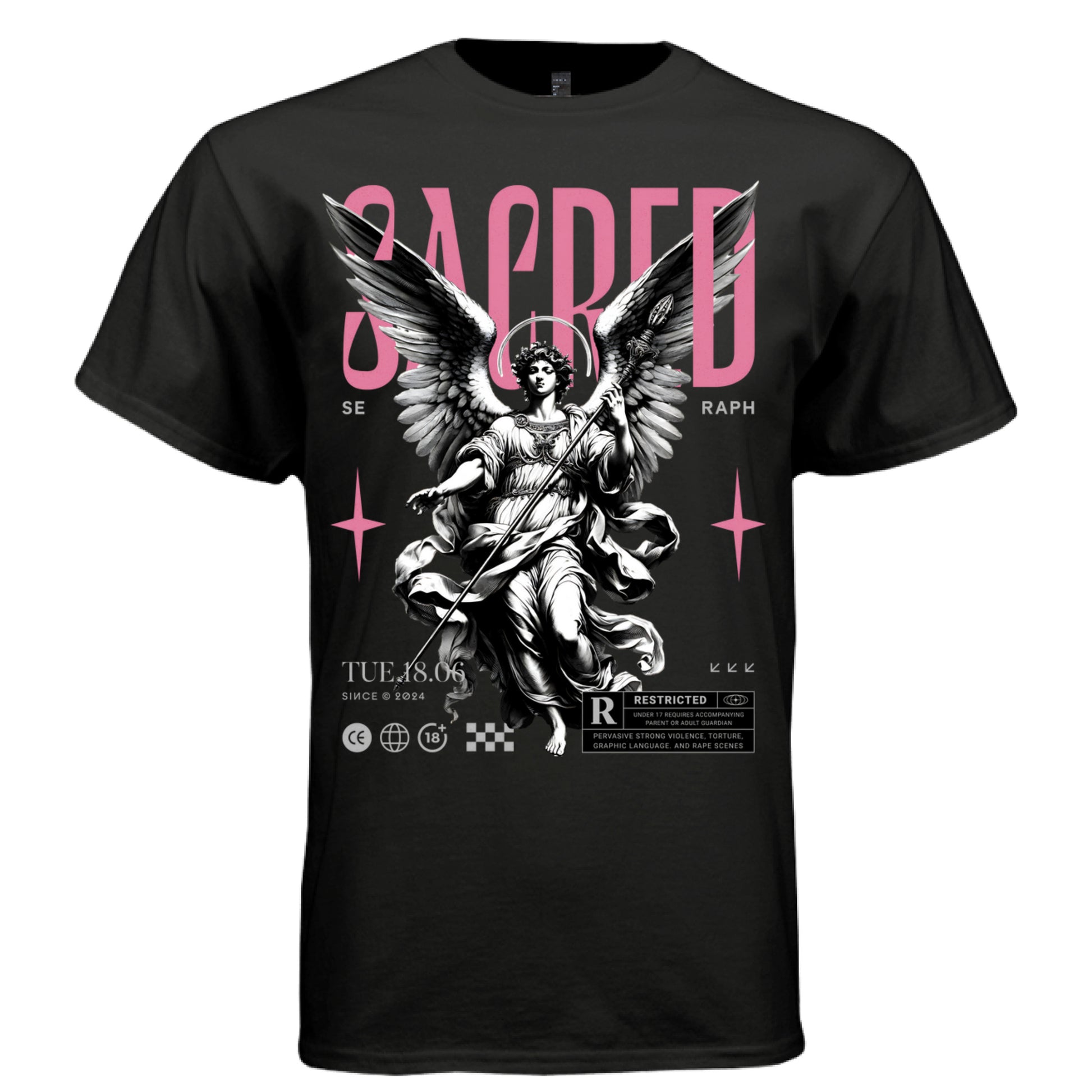 SACRED SERAPH Project Hood worn side view — oversized streetwear silhouette pink SACRED seraph guardian angel graphic tee on model