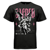 SACRED SERAPH Project Hood worn side view — oversized streetwear silhouette pink SACRED seraph guardian angel graphic tee on model