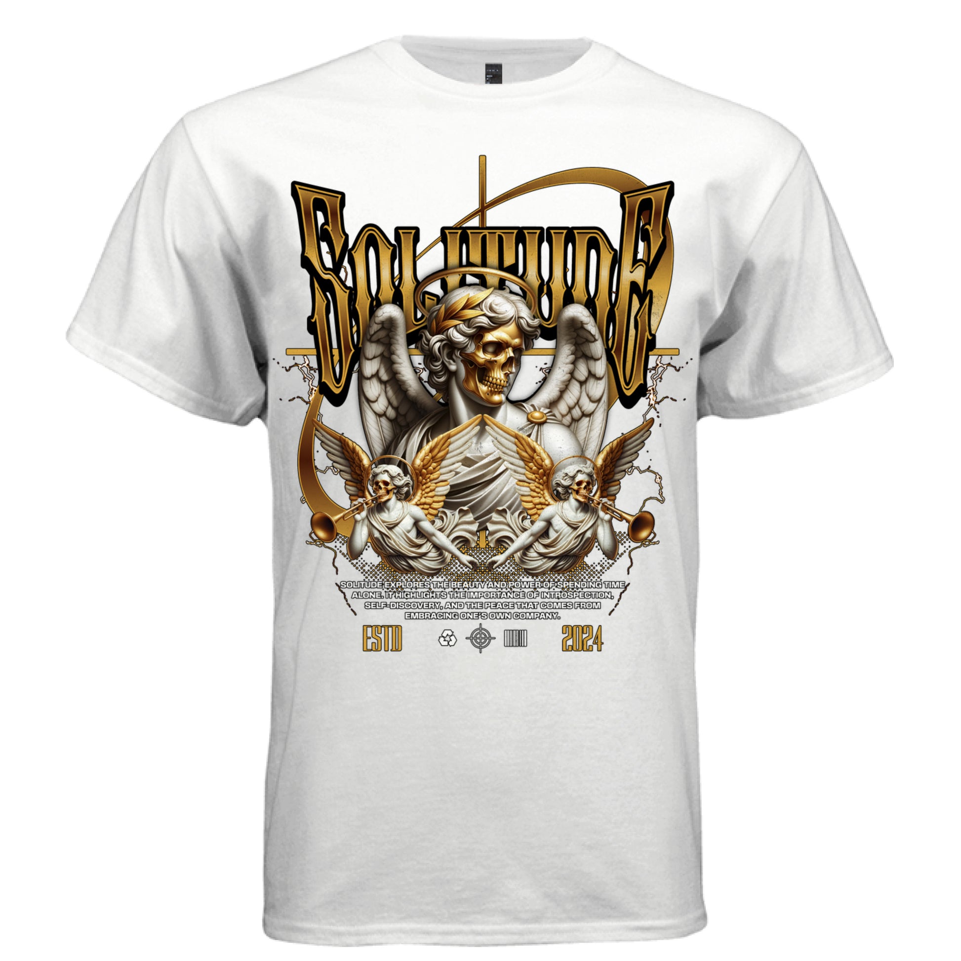 Three gold skeletal angels main figure trumpeters wings streetwear tee Project Hood