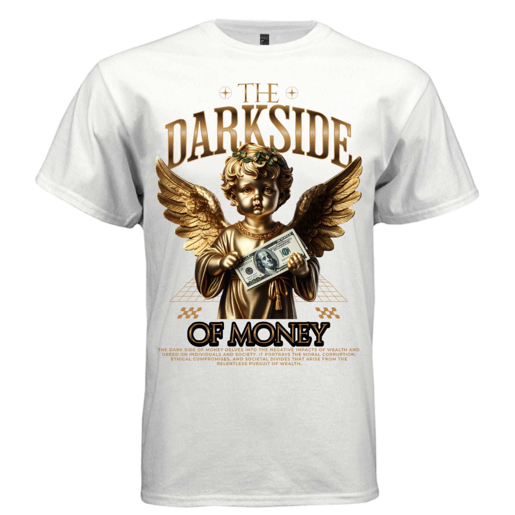 Gold metallic winged cherub toddler angel $100 bill laurel crown graphic tee Project Hood