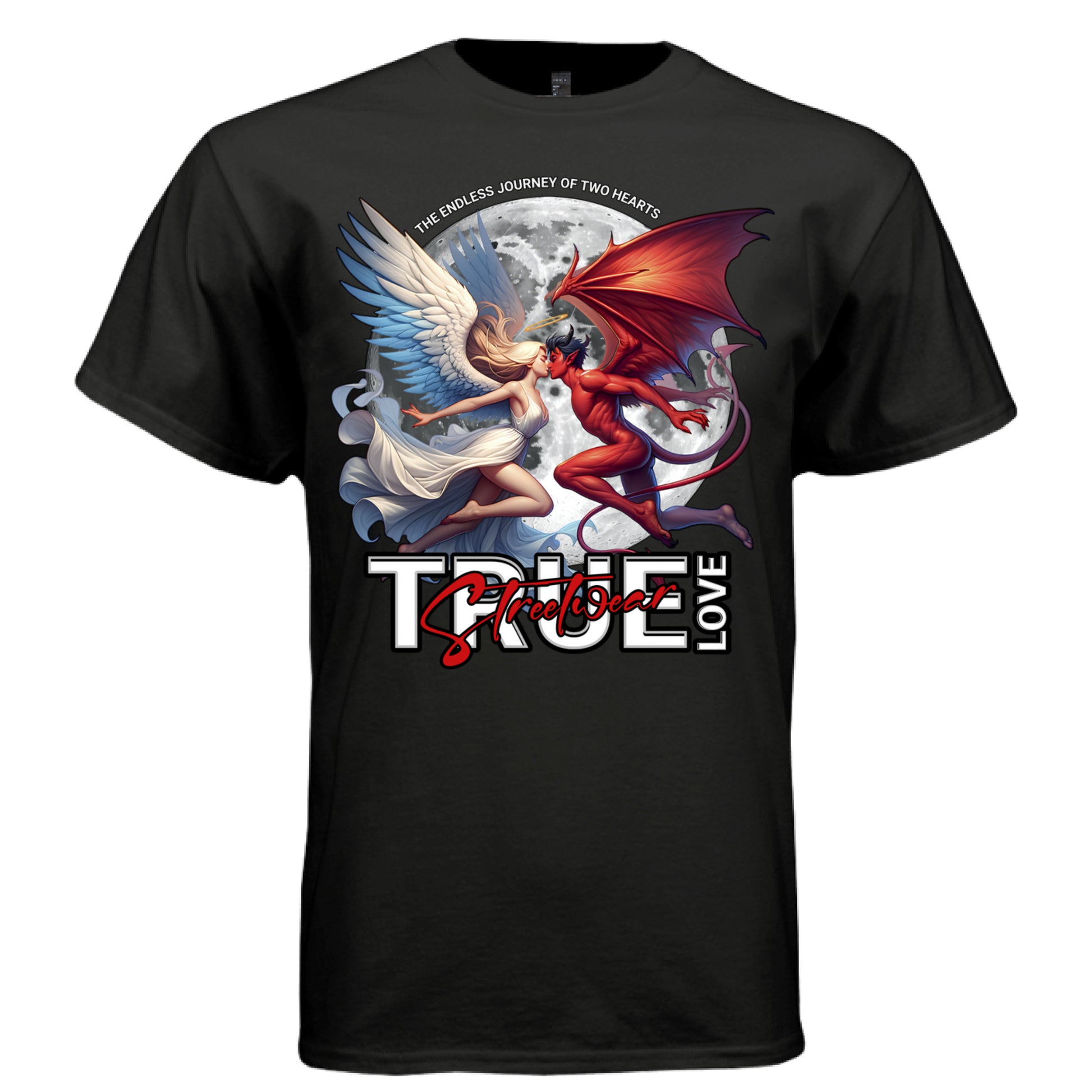 Angel white wings halo red demon wings horns romantic moonlit graphic tee Project Hood