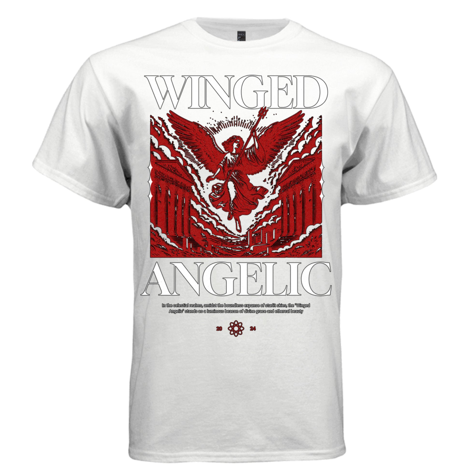 Red and white classical angel scepter torch architecture graphic tee Project Hood