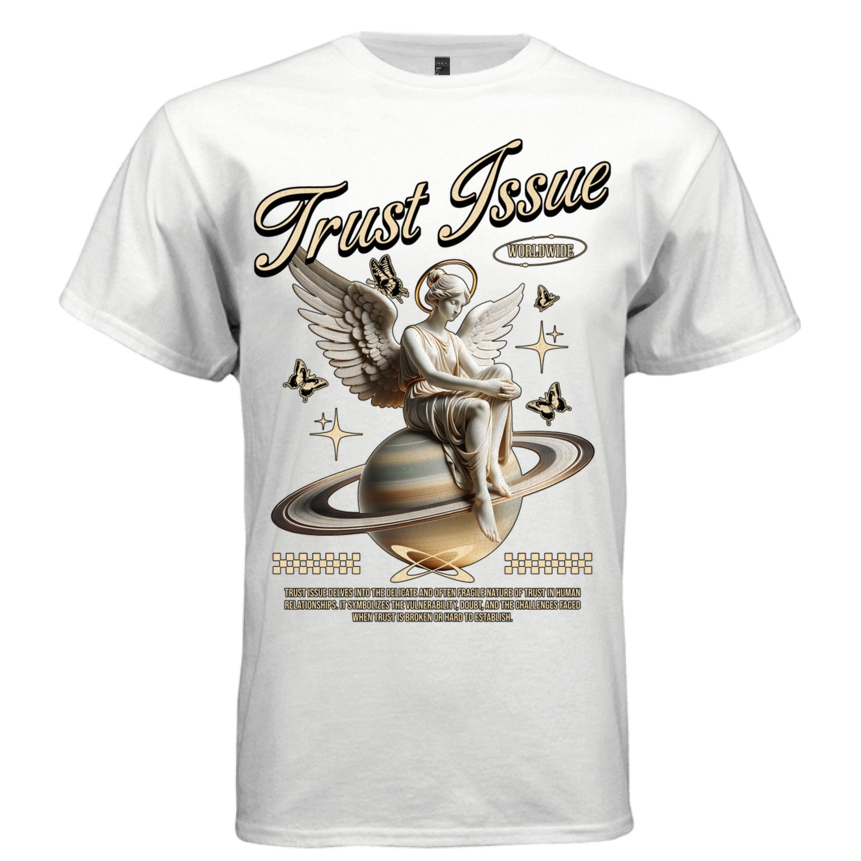 Cream marble statue angel gold halo butterflies script oversized tee Project Hood