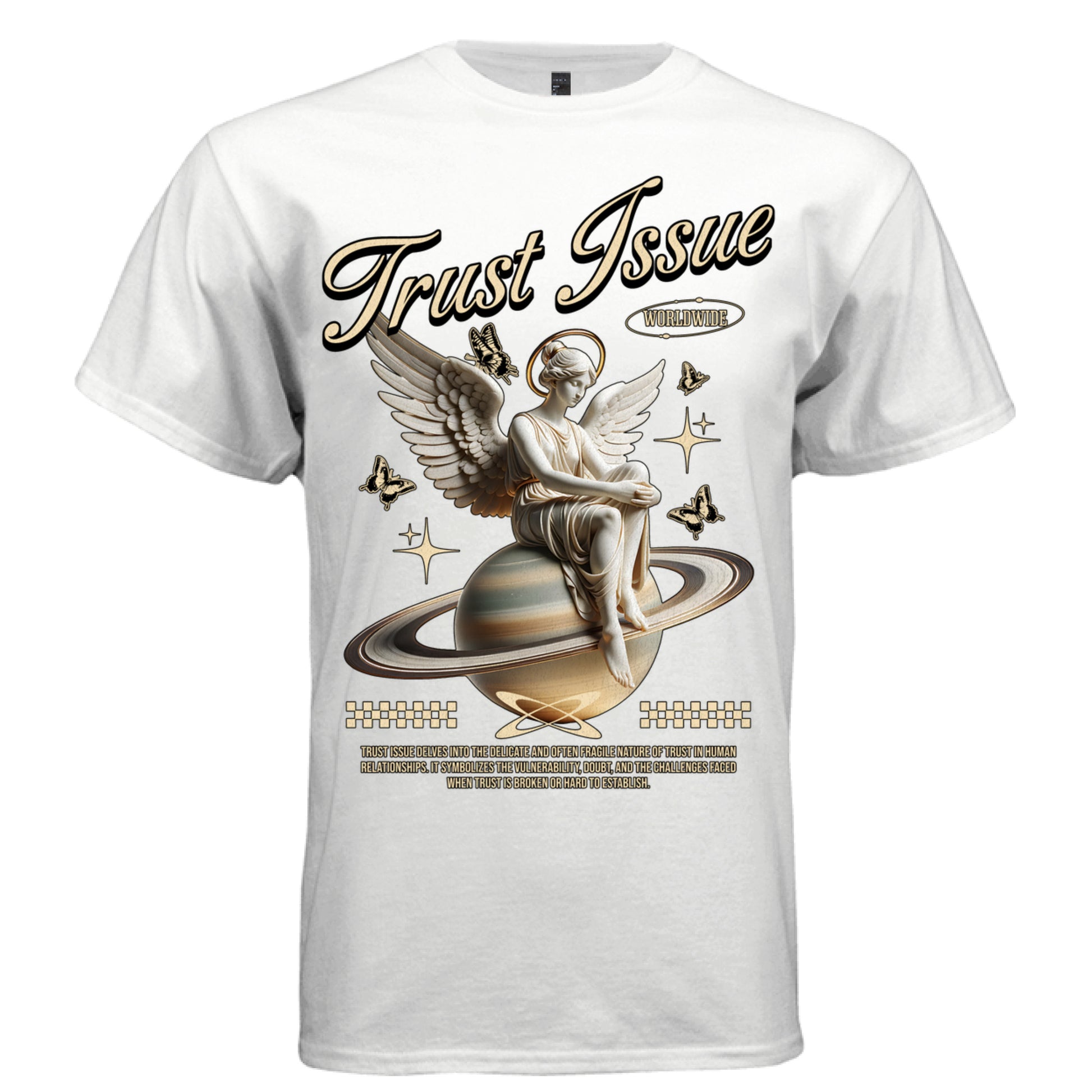 Cream marble statue angel gold halo butterflies script oversized tee Project Hood