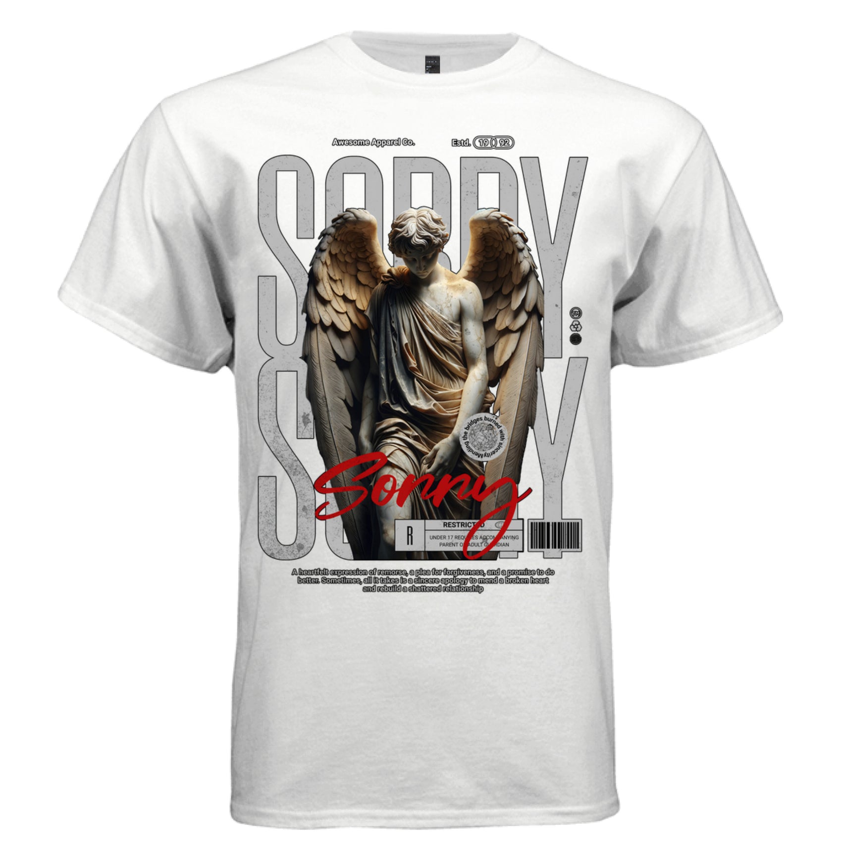 SORRY massive grey typography marble statue angel red script oversized tee Project Hood