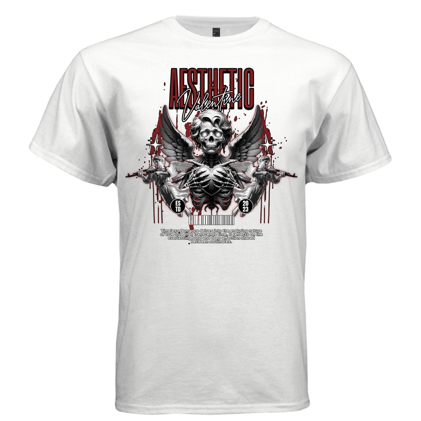 Dark gothic skeleton angel star-burst eye sockets holding heart black red graphic tee Project Hood