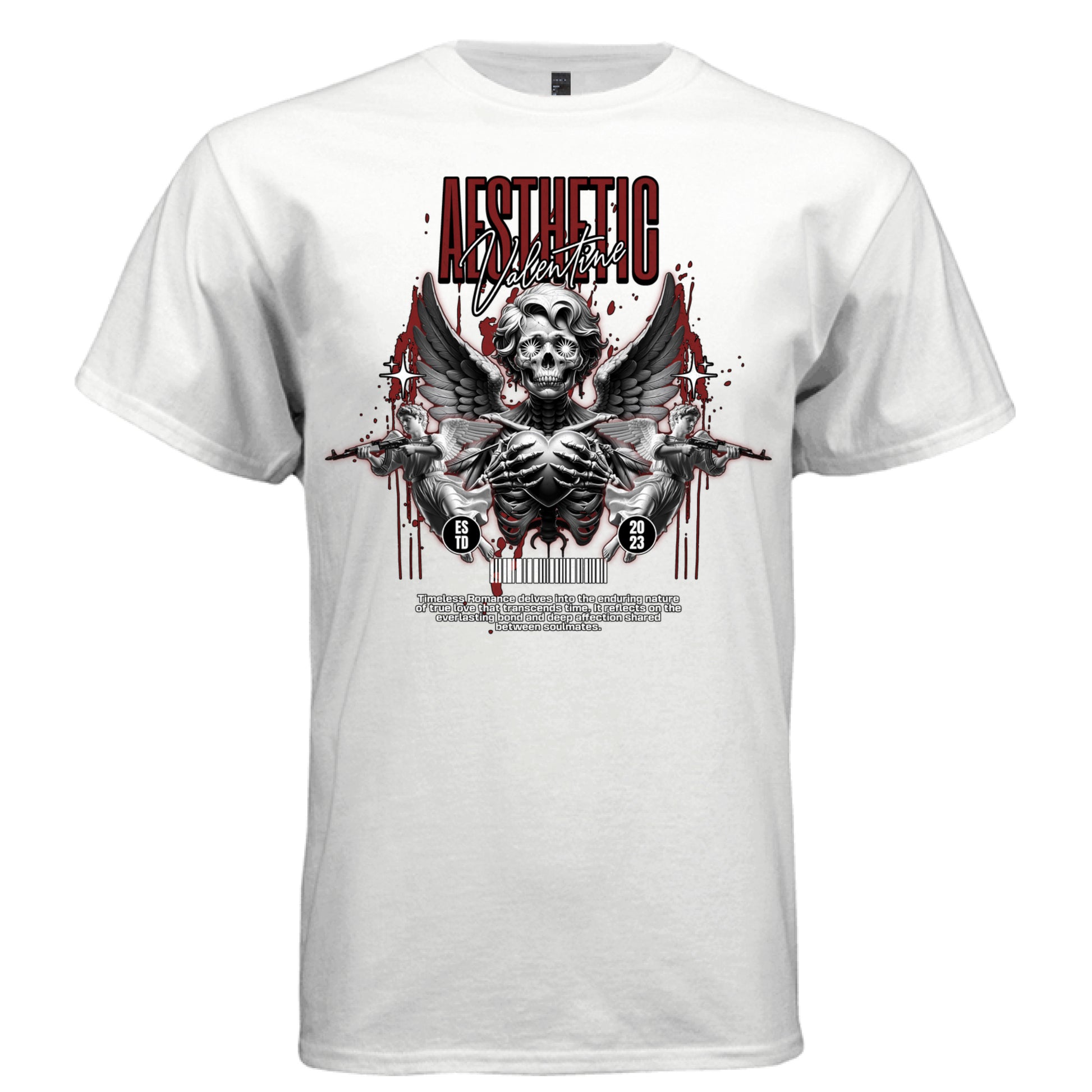 Dark gothic skeleton angel star-burst eye sockets holding heart black red graphic tee Project Hood