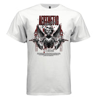 Dark gothic skeleton angel star-burst eye sockets holding heart black red graphic tee Project Hood