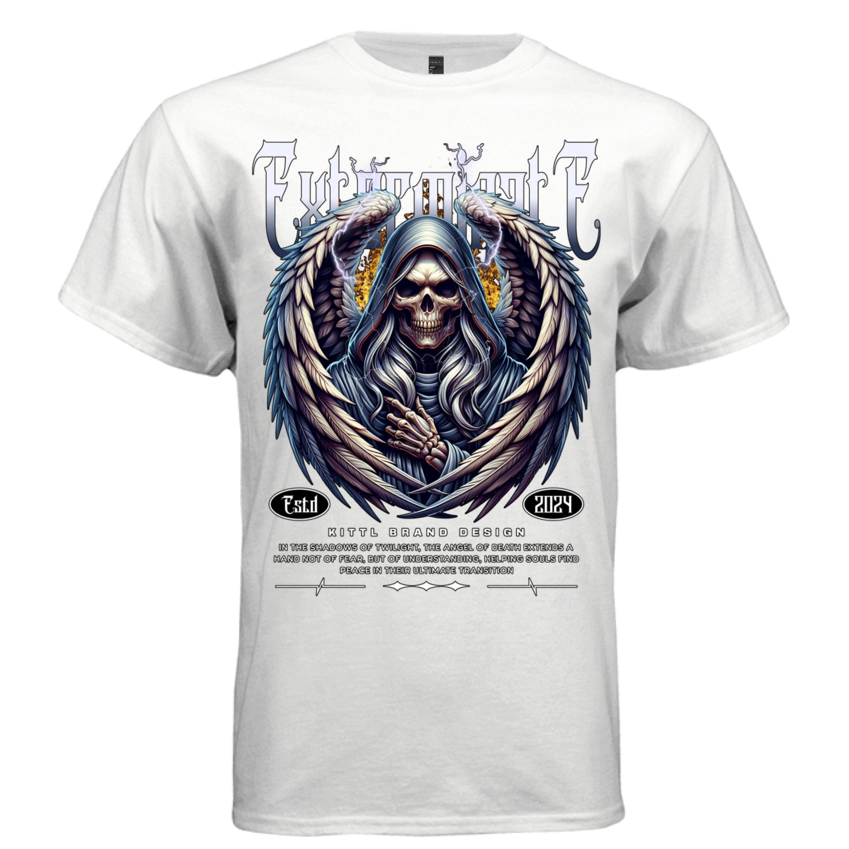 Grim reaper skull hooded cloak massive wings lightning fire blue silver graphic tee Project Hood