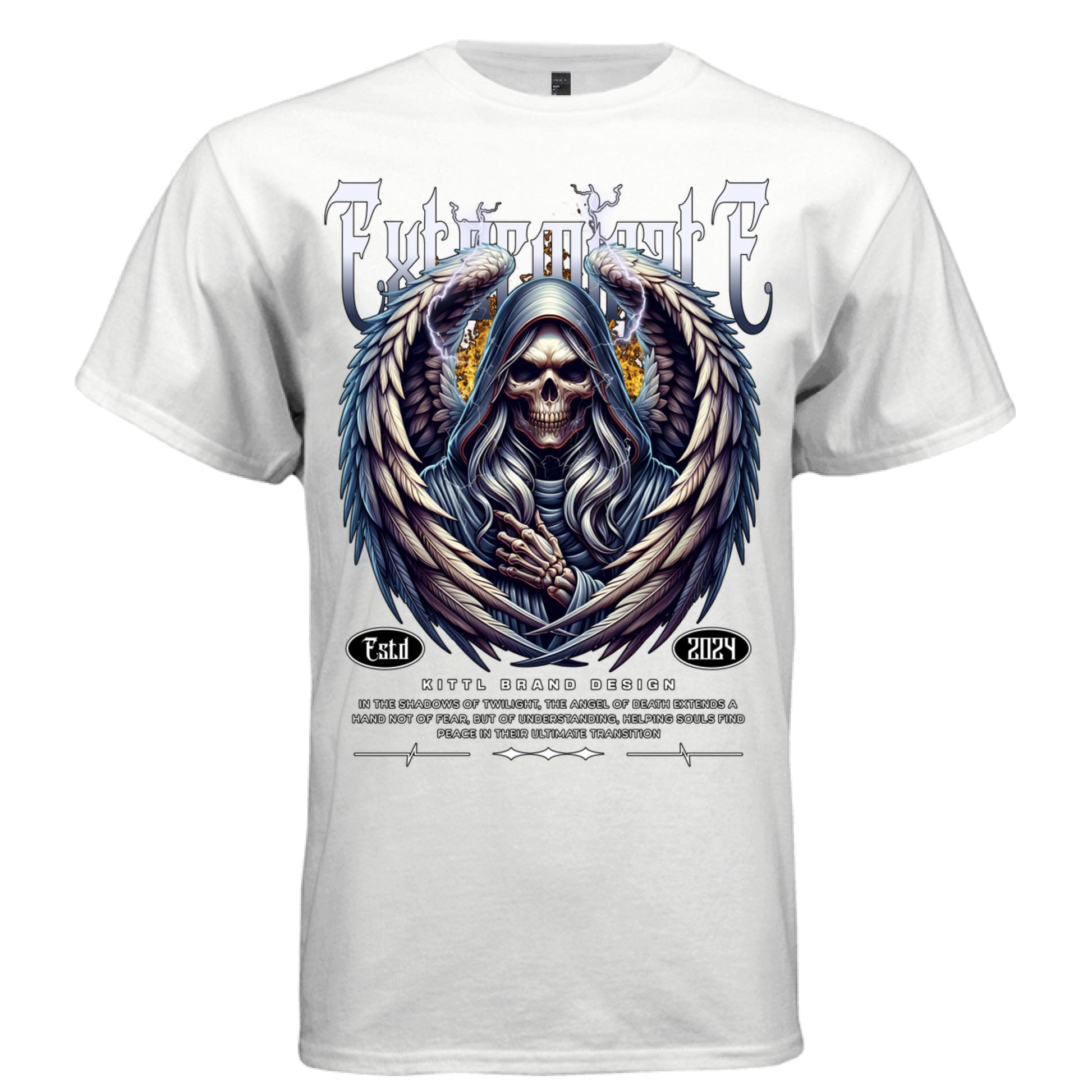 Grim reaper skull hooded cloak massive wings lightning fire blue silver graphic tee Project Hood