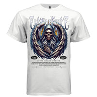 Grim reaper skull hooded cloak massive wings lightning fire blue silver graphic tee Project Hood