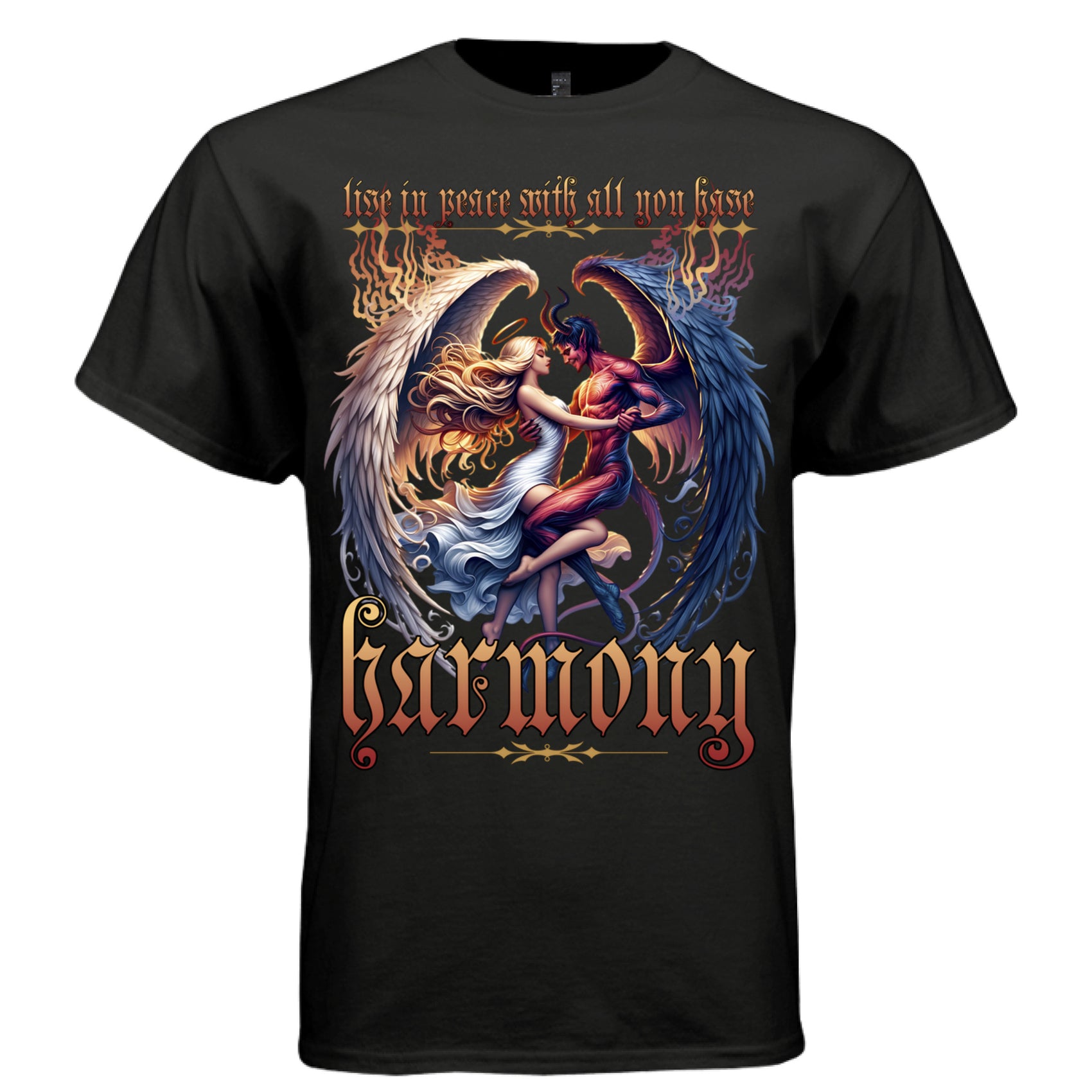 Angel white wings demon red skin romantic embrace faith graphic t-shirt Project Hood