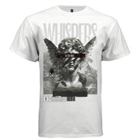 Crumbling moss-covered stone angel bust mountain mist monochrome tee Project Hood