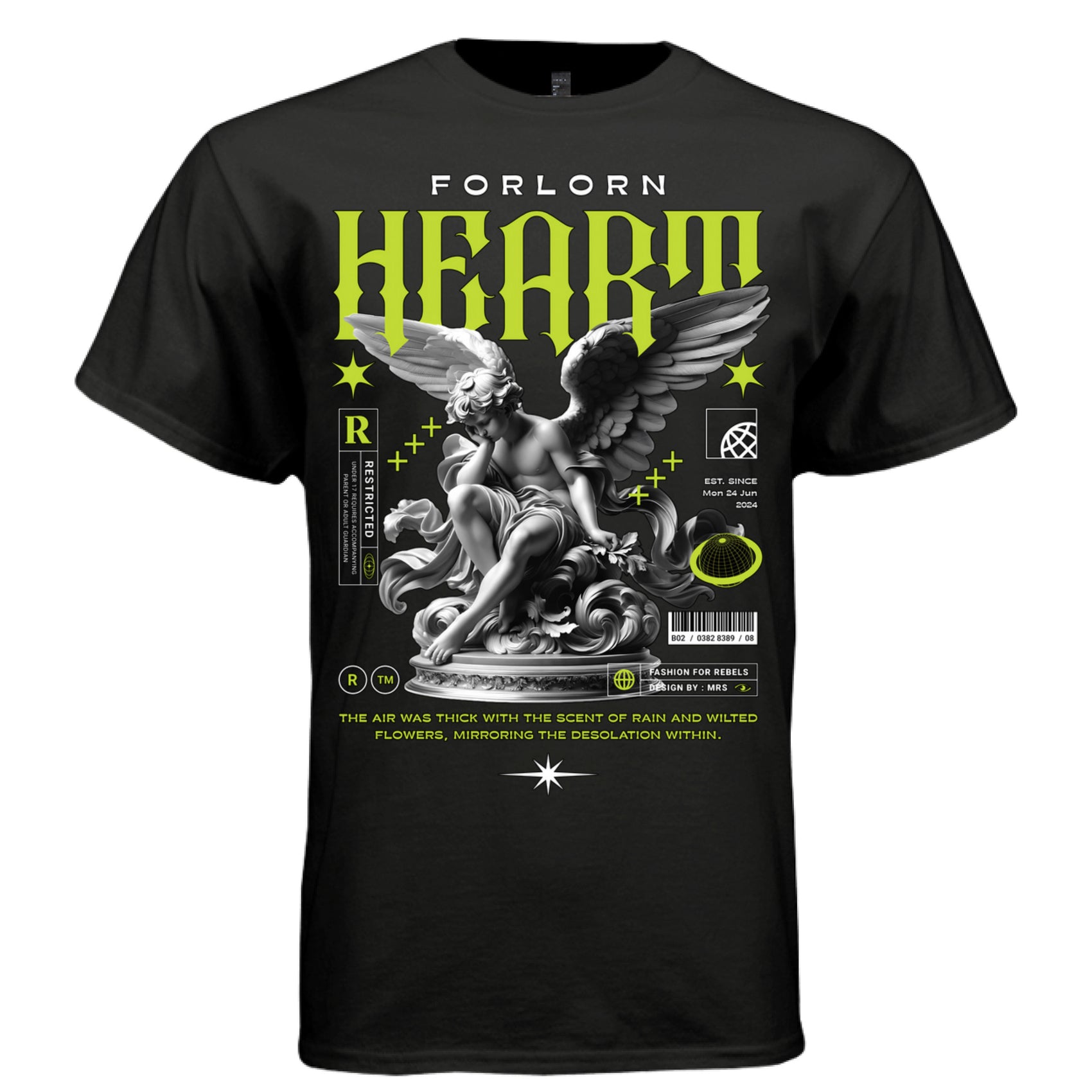 Fashion for rebels baroque angel design neon green accent graphic t-shirt Project Hood