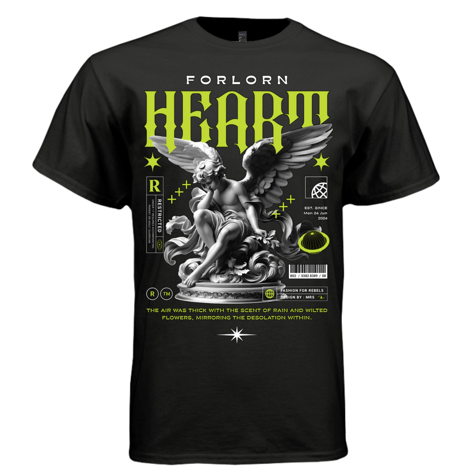 Fashion for rebels baroque angel design neon green accent graphic t-shirt Project Hood