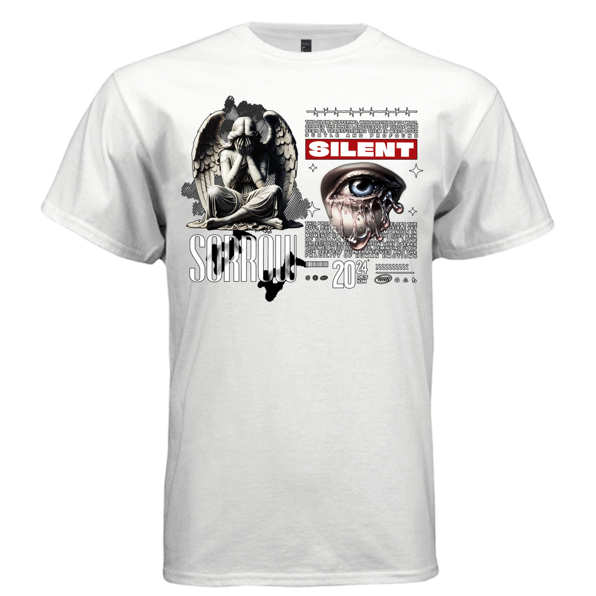 Stone angel wrapped in wings grief left hyper-realistic crying eye right red black tee Project Hood