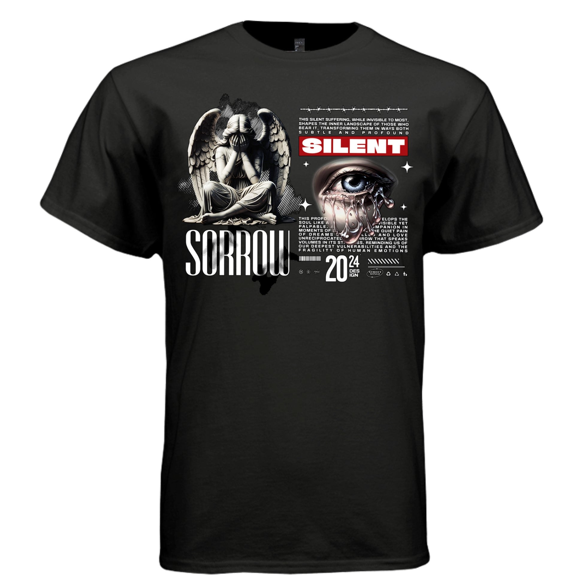 Barbed wire stone angel dripping tears split composition oversized streetwear tee Project Hood