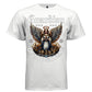 Full color female guardian angel golden halo blue robes wings over city tee Project Hood