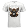 Full color female guardian angel golden halo blue robes wings over city tee Project Hood